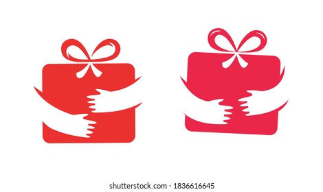 Gift box and hands symbol. Present, surprise vector illustration