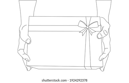 Gift box in hands. Valentines Day. Christmas and New Year. Two hands hold surprise, present. Line art vector illustration.