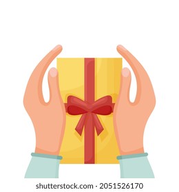 Gift box in hands. Valentines Day. Christmas and New Year. Two hands hold surprise, present. Cartoon flat illustration.