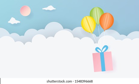 Gift box hanging with colorful balloons floating into the sky for Christmas and New Year decorations, Paper art illustration vector