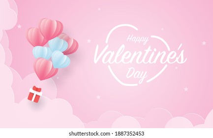 Gift box hanging on balloon floating to the sky,Happy Valentine's Day Text, Valentine's Day