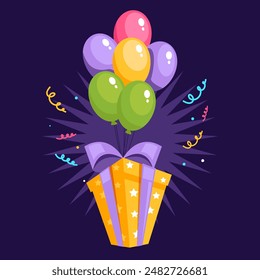 Gift box hanging on balloons sky party celebration concept. Vector flat graphic design illustration