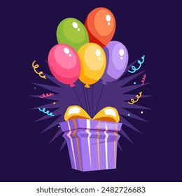 Gift box hanging on balloons sky party celebration concept. Vector flat graphic design illustration