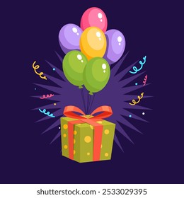 Gift box hanging on balloons sky party celebration concept. Vector flat graphic design illustration