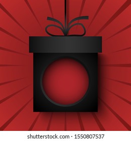 Gift box hanging on red background. Use for Christmas, Black Friday, Boxing day background. Empty space for text message. Vector illustration.