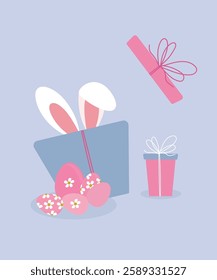 Gift box Happy Easter with Decoration and Present, Egg