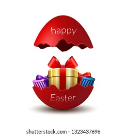 Gift box Happy Easter egg surprise. Broken red Easter 3D egg, isolated on white background. Decoration template card, holiday celebration. Realistic gold present, bright ribbon Vector illustration