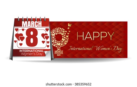 Gift box. Happy International Women's Day. March 8. Womens holiday. Vector Women's Day card. Number eight, consisting of golden butterflies flying on a red background. Vector banner, illustration