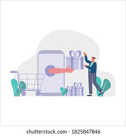 Gift box, happy man in hoodie with online gift, male person receiving an online present, young man purchasing gift online with shopping cart vector illustration for website