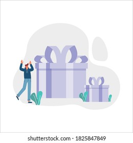 Gift box, happy man in hoodie with two huge present, male person with big birthday gifts vector illustration for website