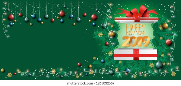  Gift Box - Happy new year  2019  text - Elegant Christmas Background,Light bulb, Ball, snow.