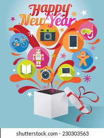 Gift Box with Happy New Year Text and Various Icons