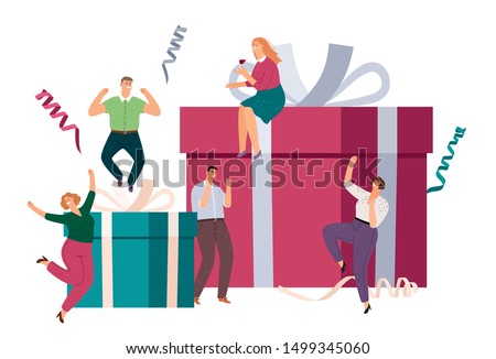 Gift box. Happy surprised people vector illustration. Birthday, party concept with present boxes and friends