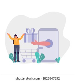 Gift box, happy woman in hoodie with online gift, female person receiving an online present, girl purchasing gift online with shopping cart vector illustration for website