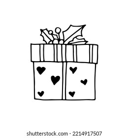 Gift box with hards on white background. Hand drawn vectore doodle style. For print, card and decor.
