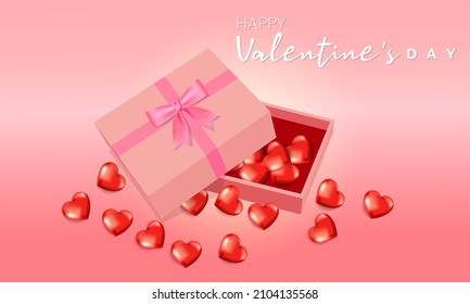 The gift box has several red hearts inside and outside, on a pink background, vector illustration.