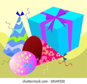  gift box, hat and balloons	