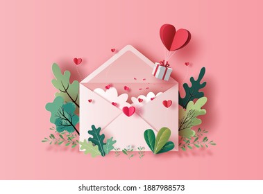 Gift box with heart balloon floating with a love letter in paper illustration, 3d paper.