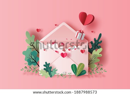 Gift box with heart balloon floating with a love letter in paper illustration, 3d paper.