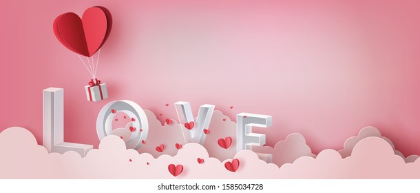 Gift box with heart balloon and letter LOVE on cloud, Happy Valentines's Day, paper art and craft style, flat-style vector illustration.
