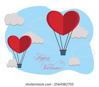 Gift box with heart balloons floating in the sky or Happy Valentine's Day banner
