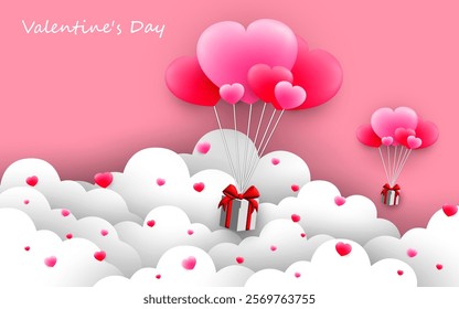 Gift box with heart balloons floating in the sky, Happy Valentine's Day banner. vector illustration