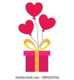 Gift box with heart balloons. Love and valentines day concept flat illustration. Vector EPS10.