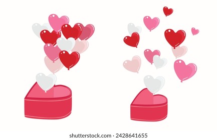 Gift box with heart balloons. Valentine's day template, valentine gift, love concept. Flat vector in cartoon style isolated on white background.