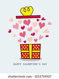 Gift box heart boom, happy valentine’s day text on blue background. Decoration greeting card, website, banner, cute vector, doodle.