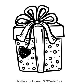 Caja de regalo con corazón y Ilustración vectorial de impresión de puntos en estilo de boceto de doodle dibujado a mano en blanco y negro. Símbolo lindo para el diseño del día de San Valentín. Genial para la tarjeta de Navidad. Ideal para cumpleaños.