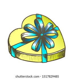 Gift Box In Heart Form With Ribbon Ink Vector. Valentine Day Decorative Surprise Present Box. Romantic Package Engraving Template Hand Drawn In Vintage Style Color Illustration
