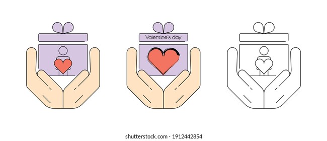 Gift box with heart in hand. Valentine thin line icon set. February 14 Valentine's Day. Simple february 14 black and color symbol on white.  Web-design, logo design, banner banner. Vector Illustration