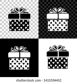 Gift box and heart icon isolated on black, white and transparent background. Packaging Valentine's Day. Beautiful festive box tied with ribbon and bow on top. Vector Illustration