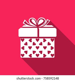Gift box and heart icon isolated with long shadow. Packaging Valentine's Day. Beautiful festive box tied with ribbon and bow on top. Flat design. Vector Illustration