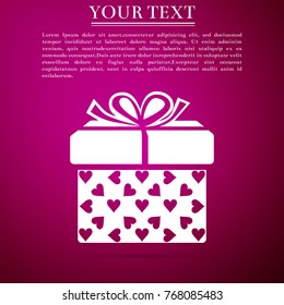 Gift box and heart icon isolated on purple background. Packaging Valentine's Day. Beautiful festive box tied with ribbon and bow on top. Flat design. Vector Illustration