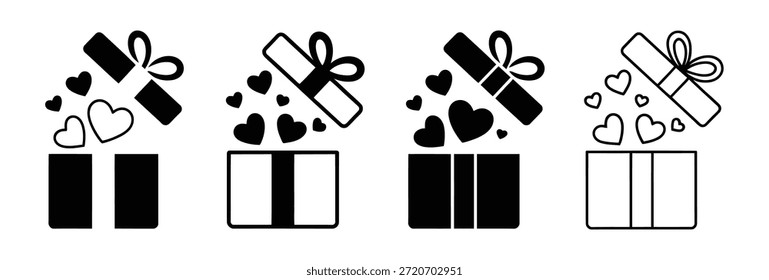 Geschenkbox mit Herzsymbol-Set. St. Valentinstag einfache Illustrationen in Linie und solide Stile. Liebe Symbole. Geschenkbox mit Herz und Schleife in schwarz-weiß. 
