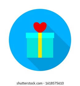 Gift box with heart icon. Vector image flat design with long shadow. 
Valentine's day concept. Symbol with love. Vector illustration of holidays. 