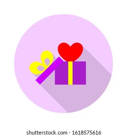 Gift box with heart icon. Vector image flat design with long shadow. 
Valentine's day concept. Symbol with love. Vector illustration of holidays. 