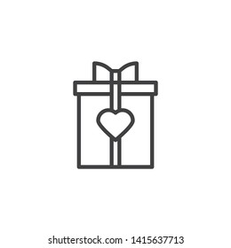 Gift box with heart line icon. linear style sign for mobile concept and web design. Romantic present box with bow ribbon outline vector icon. Symbol, logo illustration. Vector graphics