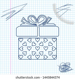 Gift box and heart line sketch icon isolated on white background. Packaging Valentine's Day. Beautiful festive box tied with ribbon and bow on top. Vector Illustration
