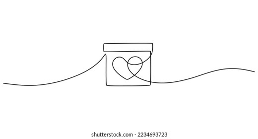 Gift box with heart of love, one line art continuous drawing. Present on Valentines day, birthday, other holiday. Single black outline. Vector illustration