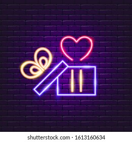 Gift box with heart neon icon. Valentine's day concept. Symbol with love. Vector illustration of holidays. 