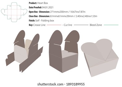 Gift box heart packaging design template self lock die cut - vector