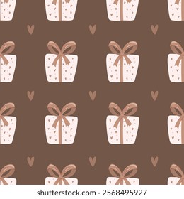 Gift box and heart Seamless pattern. Minimalistic Vector Pastel background. Valentines day and love