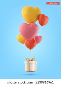 Gift box and heart shape balloons. 3d vector cartoon icon