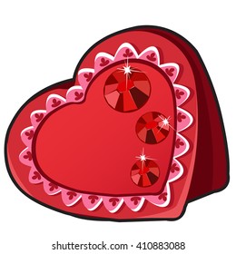 Gift box in heart shape encrusted with rubies. Vector illustration.