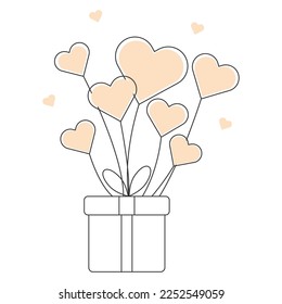 Caja de regalo con globos en forma de corazón.