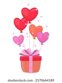 Gift box with heart shaped balloons decoration for greeting card, vector illustration, decorative element for Valentine's Day, Birthday and other holidays. 