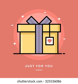 Gift box with heart tag, flat design thin line banner, vector illustration