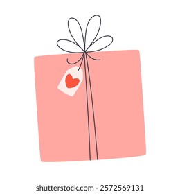 Gift box with heart tag. Love, dating, romantic, wedding present. Happy Valentines day. Vector illustration in flat style